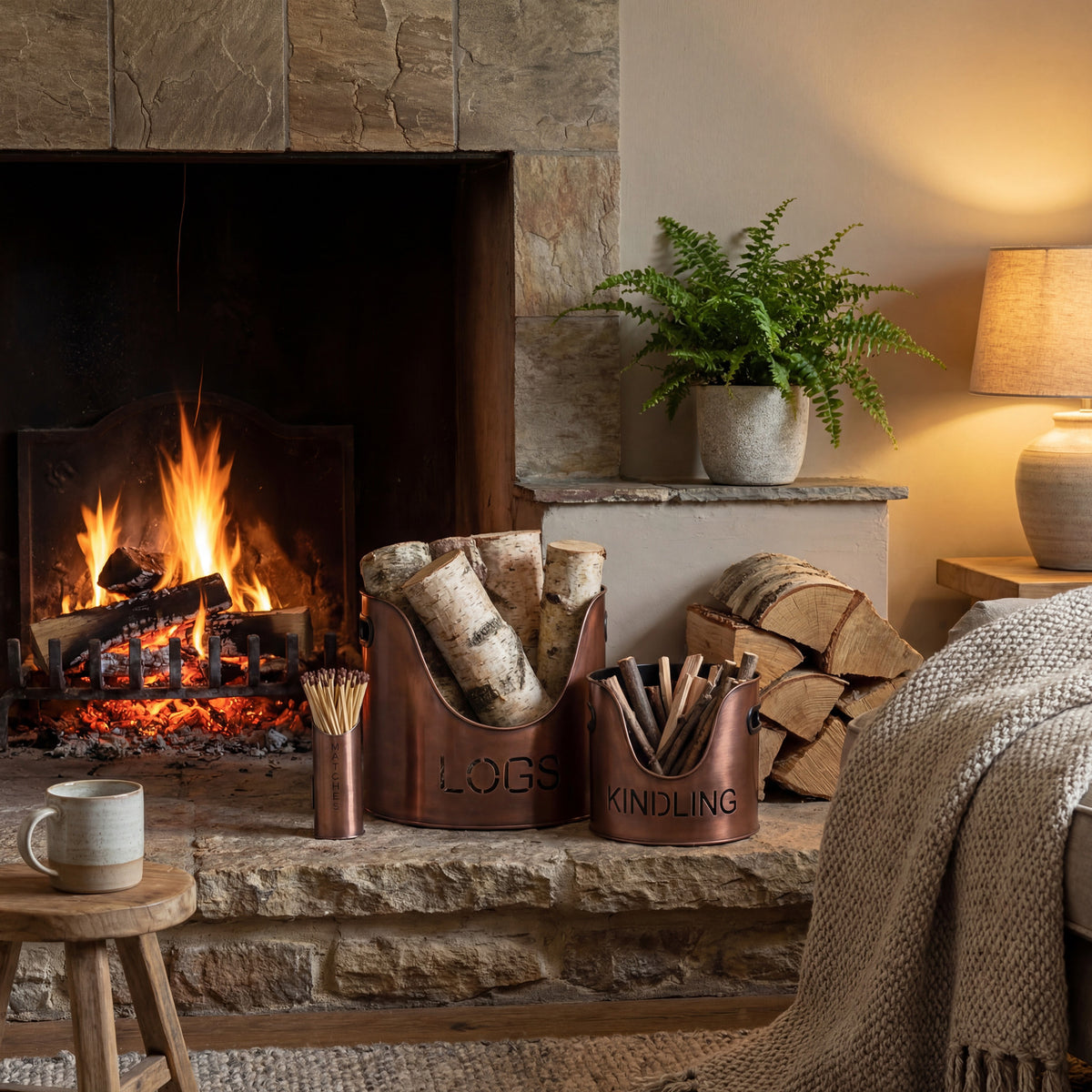 Styford Copper Log, Kindling and Match Set
