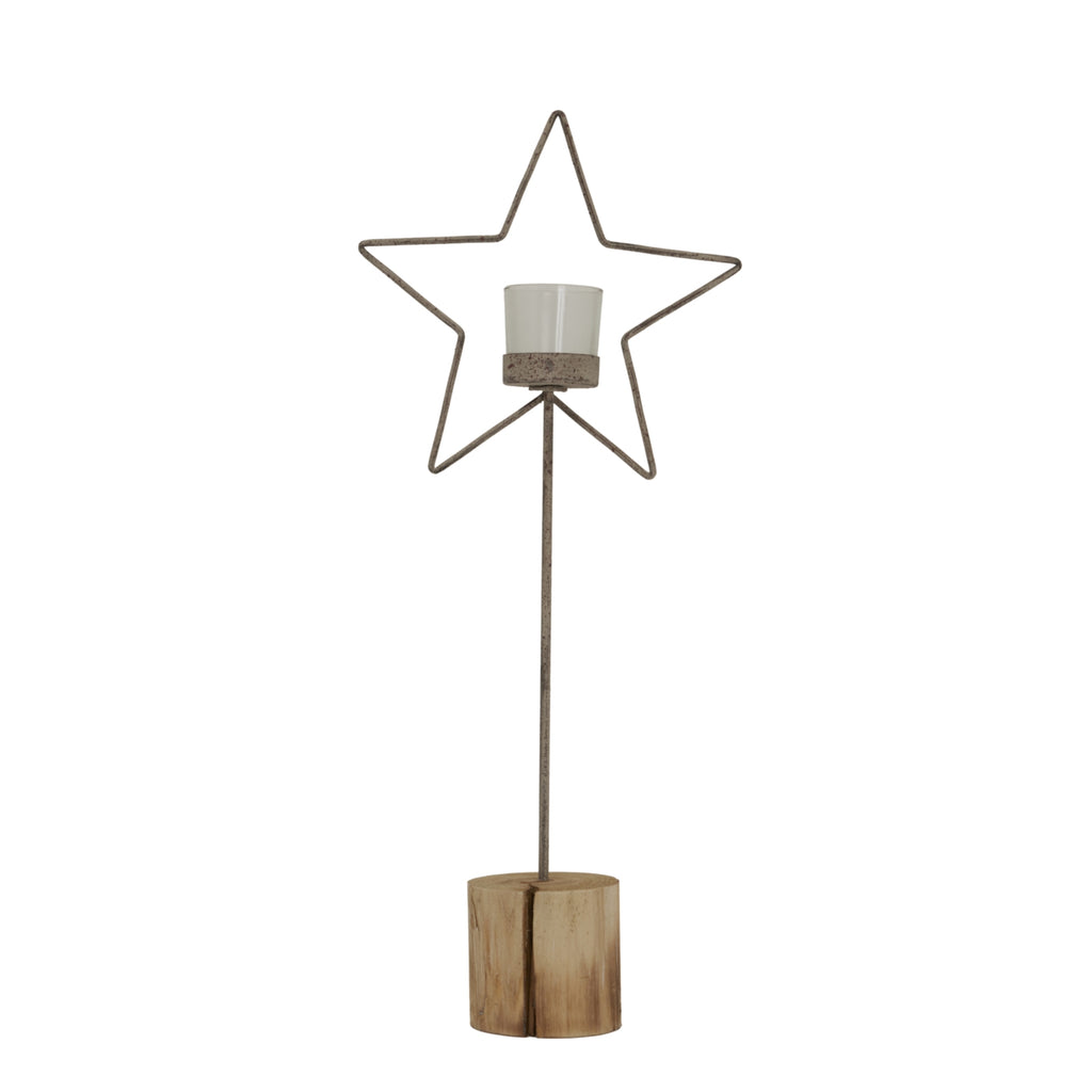 Natural Rustic Star On Wood Stand With Glass Votive