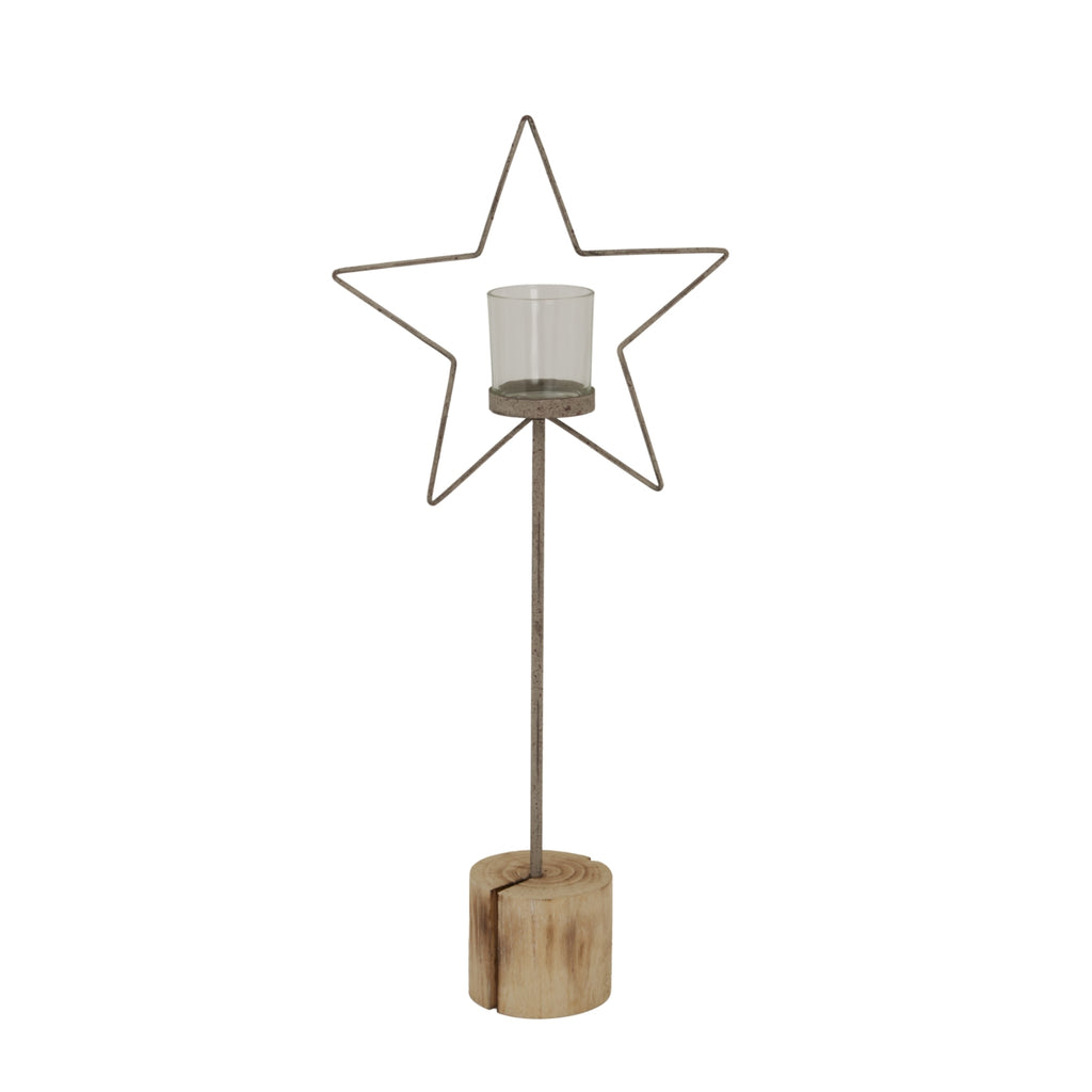 Cheswick Rustic Star Candle Holder On Wood Stand