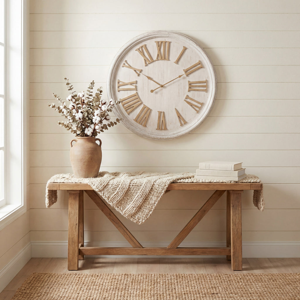 Hebron Whitewash Clock With Wooden Numerals