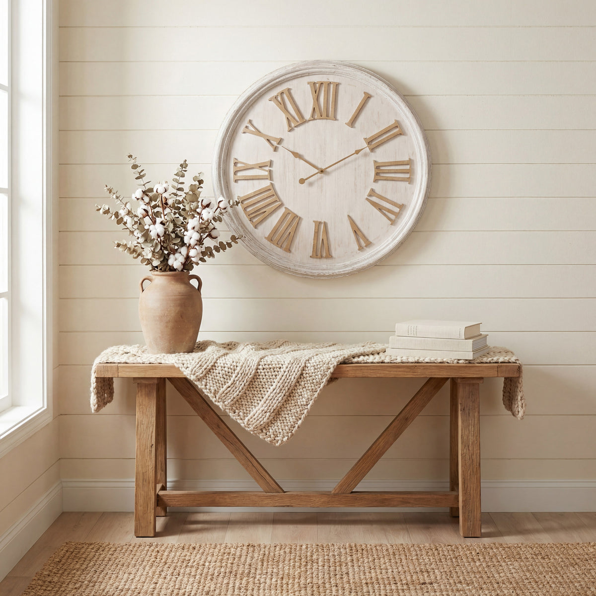 Hebron Whitewash Clock With Wooden Numerals