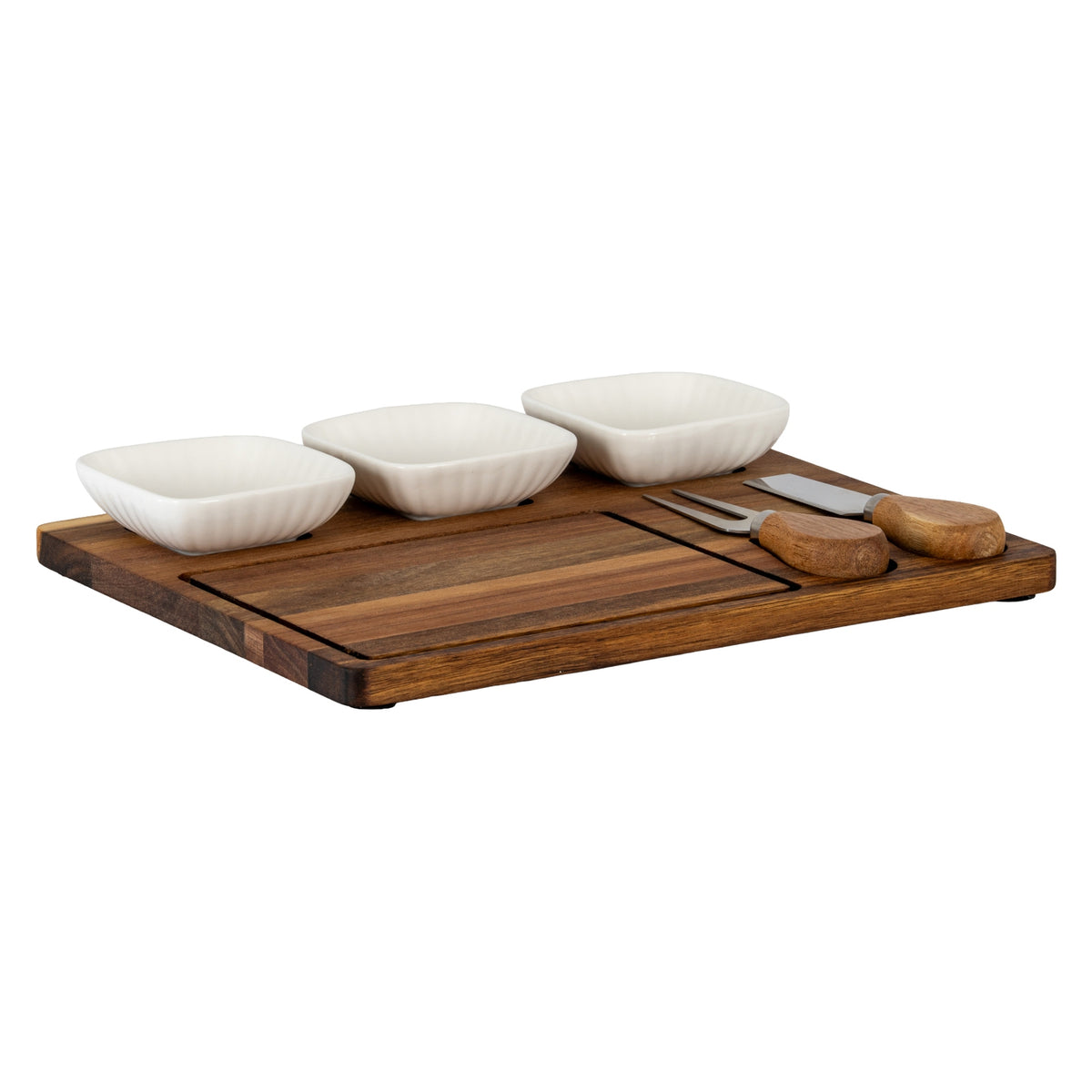Acacia Cheese Board Set With White Ceramic Bowls And Cutlery