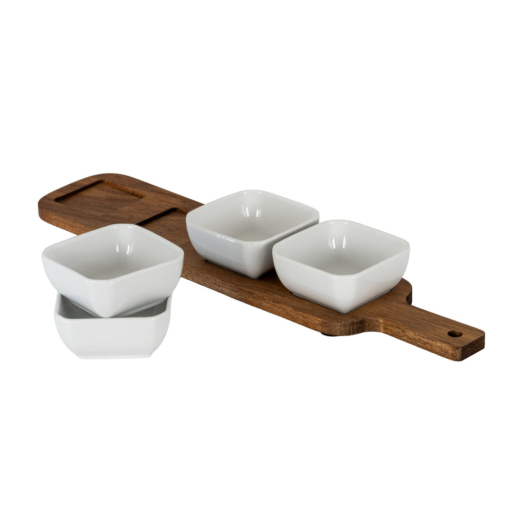 Acacia Serving Board including Four Ceramic Serving Bowls