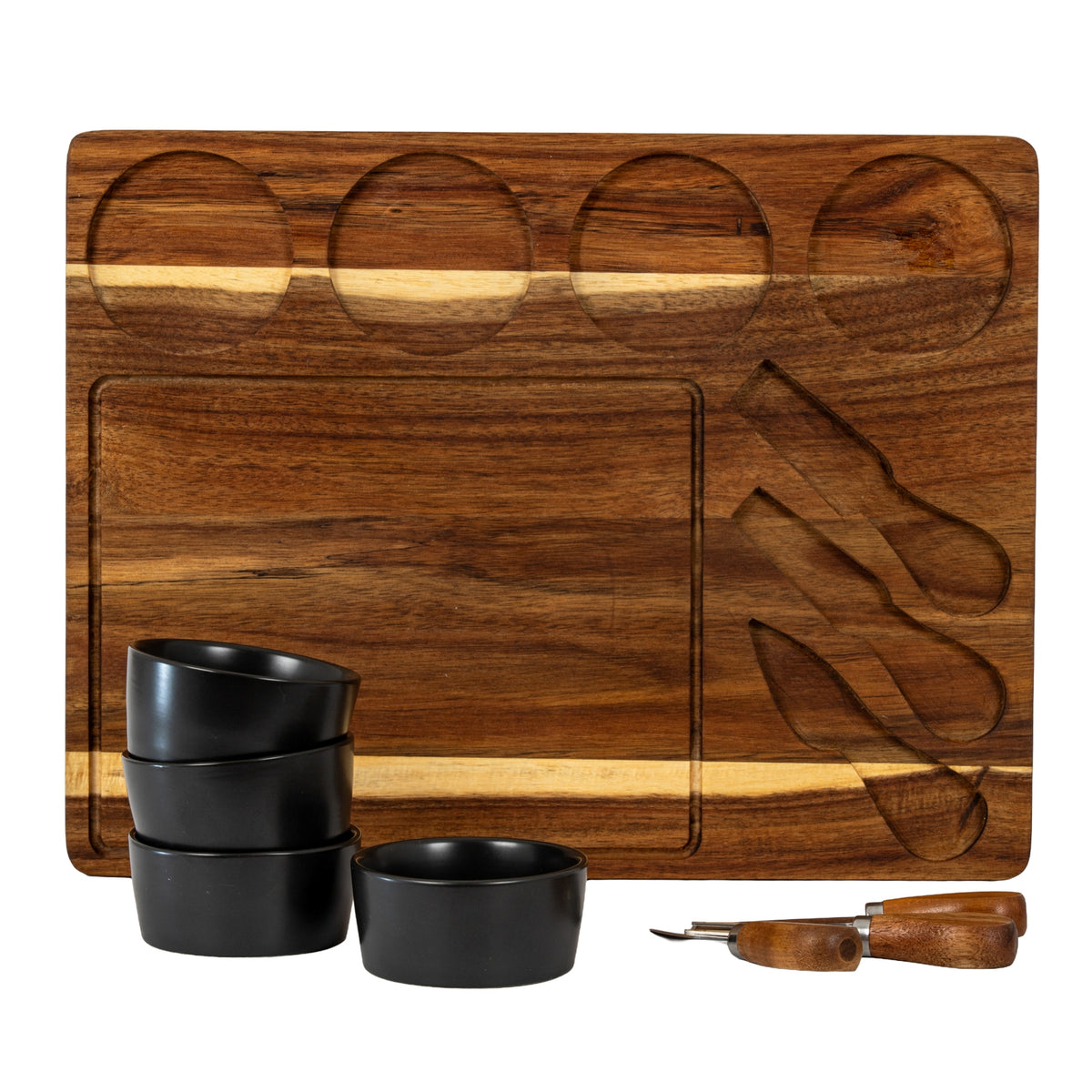 Seaton Acacia Cheese Board Set With Grey Bowls