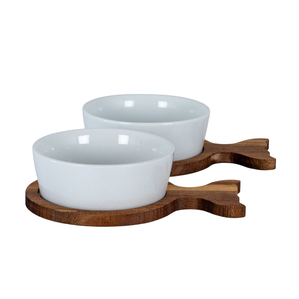 Set Of 2 Acacia Fishtail Serving Trays with Ceramic Bowls