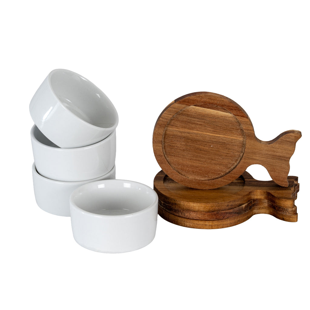Set Of 4 Acacia Fishtail Serving Trays with Ceramic Bowls