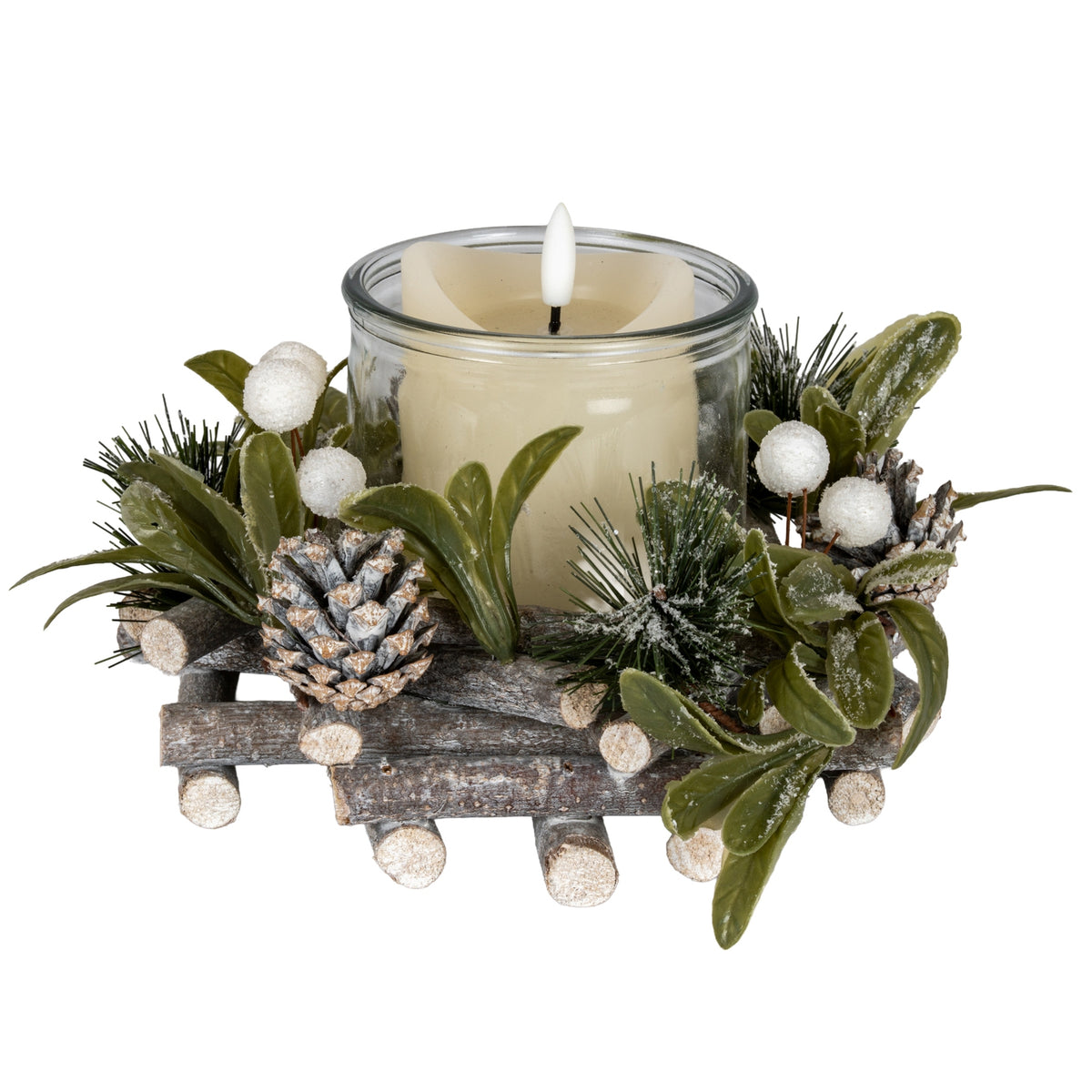 Frosted Mistletoe And Pine Candle Wreath