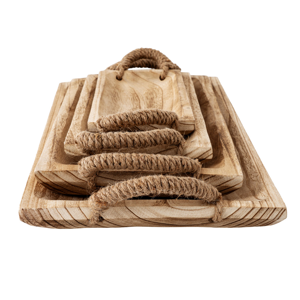 Akeld Set of 4 Wooden Trays with Rope Handles