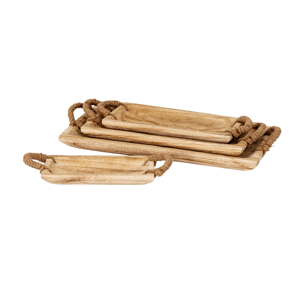 Akeld Set of 4 Wooden Trays with Rope Handles
