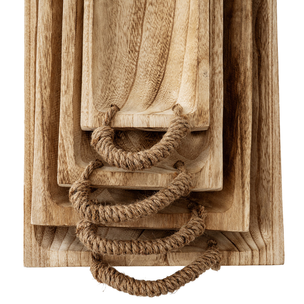 Akeld Set of 4 Wooden Trays with Rope Handles