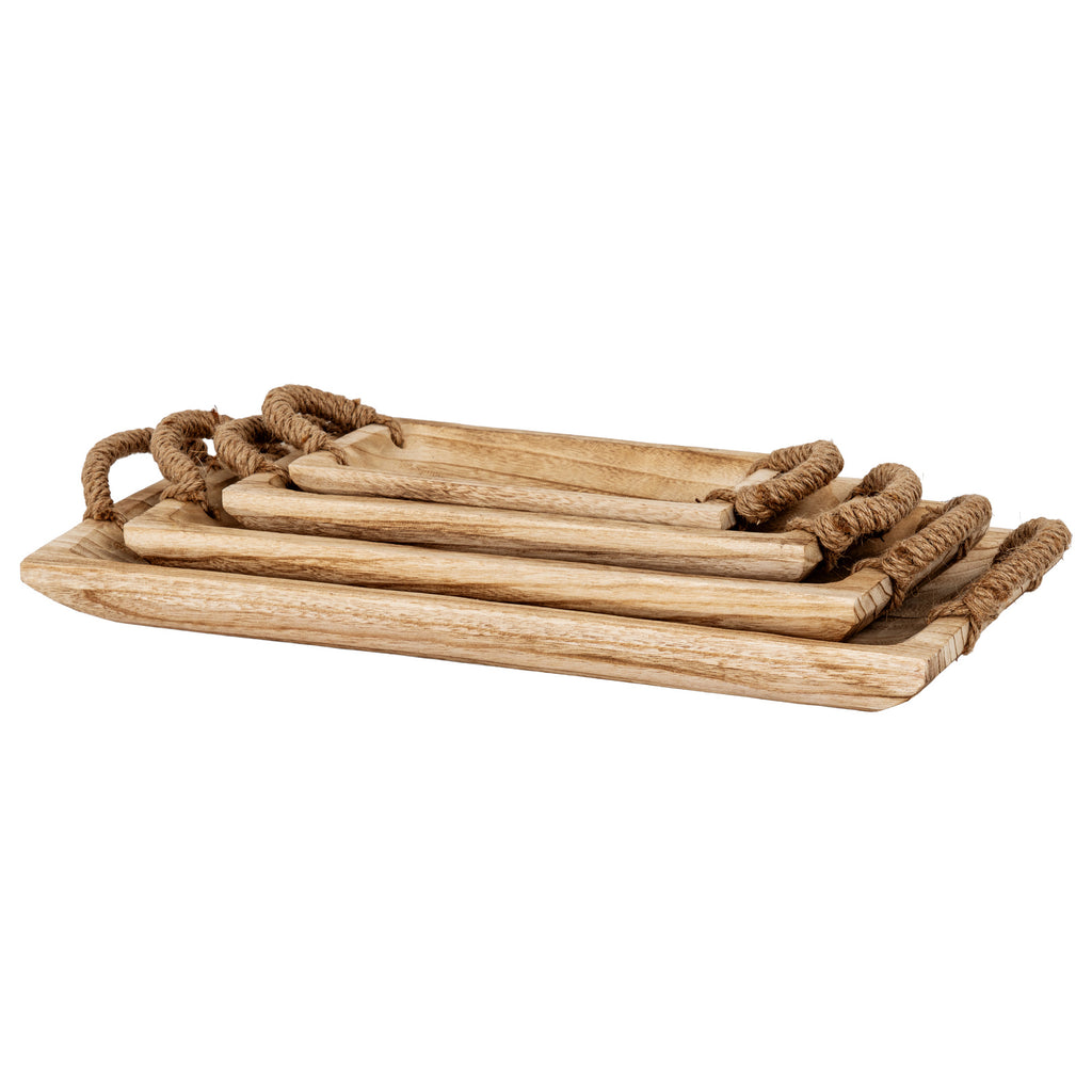 Akeld Set of 4 Wooden Trays with Rope Handles